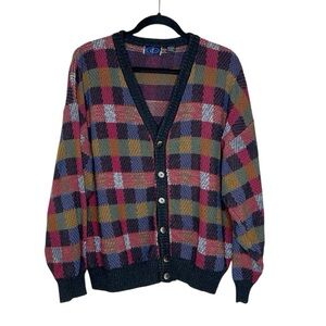 Vintage CT Cotton Traders multi color squares Grandpa Cardigan size Large
